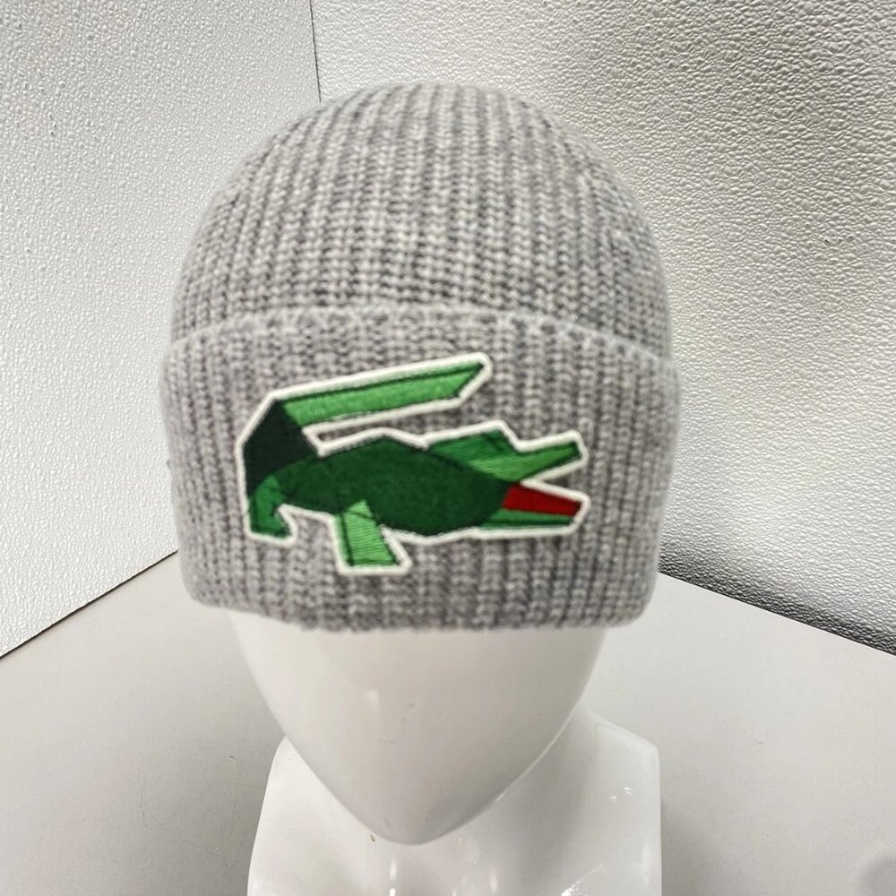 Lacoste Unisex Ribbed Wool Knit Crocodile Beanie